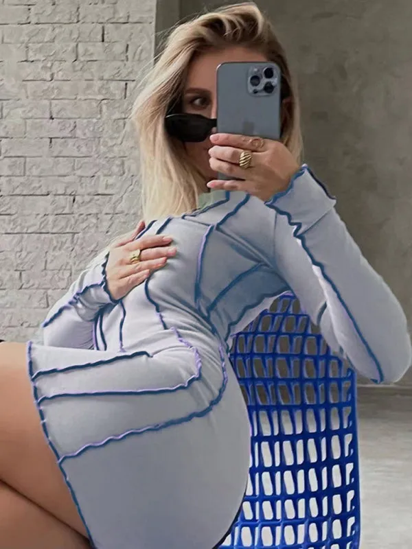 Striped Bodycon Mini Dress with Long Sleeves and Ruffled Edges