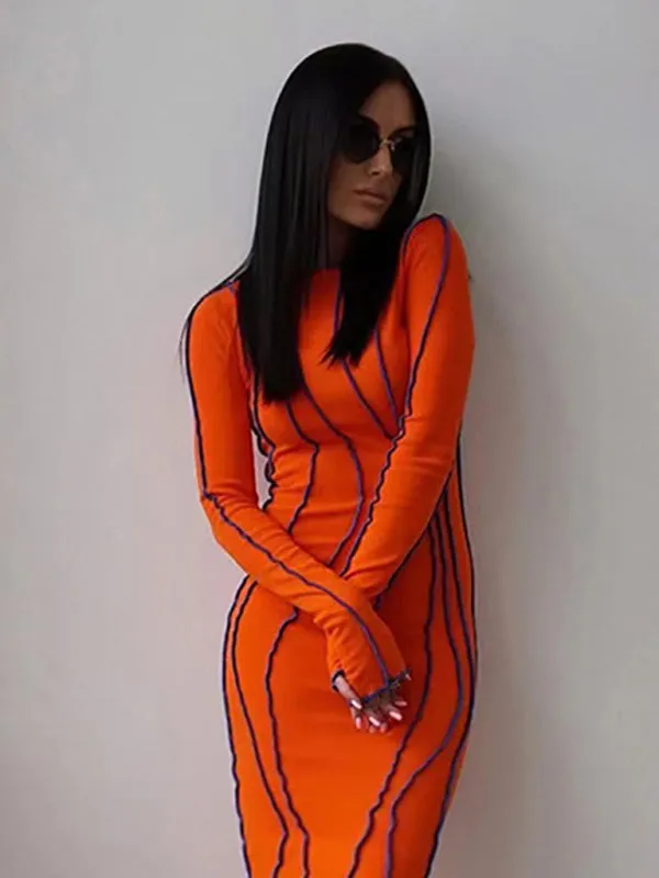 Striped Bodycon Mini Dress with Long Sleeves and Ruffled Edges