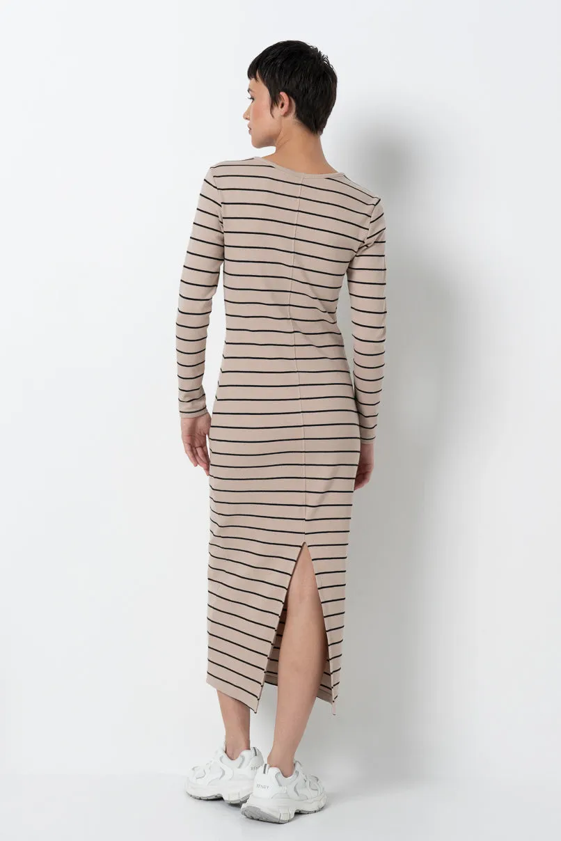 Striped Ribbed Bodycon Dress _ 157575 _ Stone
