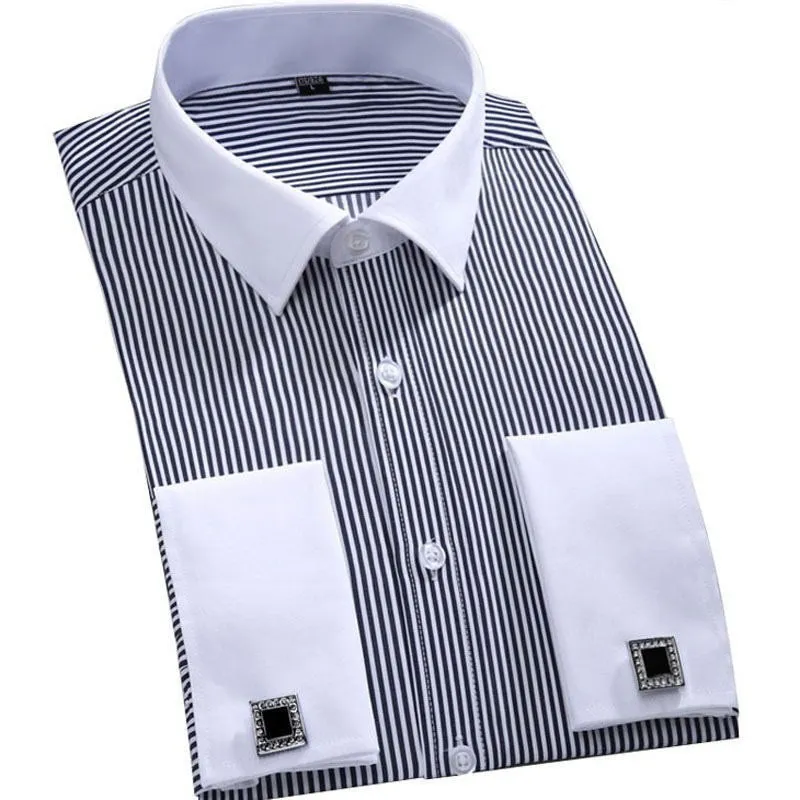 Striped Shirt Men Mens Dress Shirt French Cuff Tailored Slim Fit Free Long Sleeve Shirt For Cufflinks Camisa