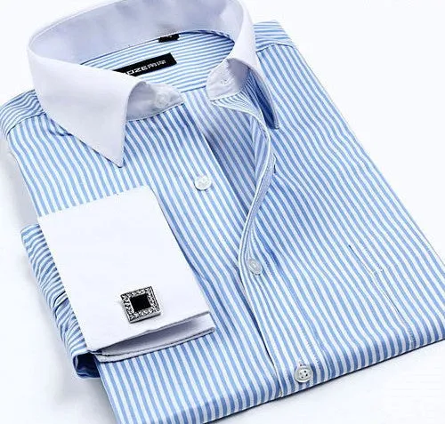 Striped Shirt Men Mens Dress Shirt French Cuff Tailored Slim Fit Free Long Sleeve Shirt For Cufflinks Camisa