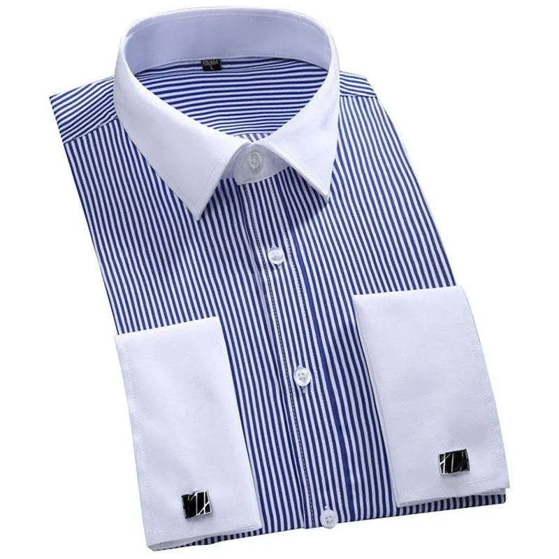 Striped Shirt Men Mens Dress Shirt French Cuff Tailored Slim Fit Free Long Sleeve Shirt For Cufflinks Camisa