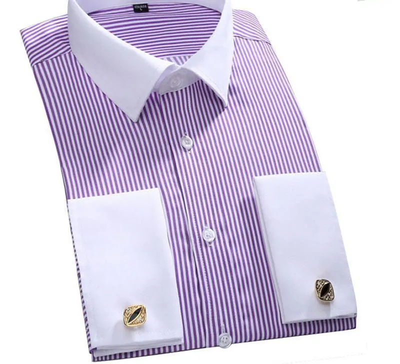 Striped Shirt Men Mens Dress Shirt French Cuff Tailored Slim Fit Free Long Sleeve Shirt For Cufflinks Camisa