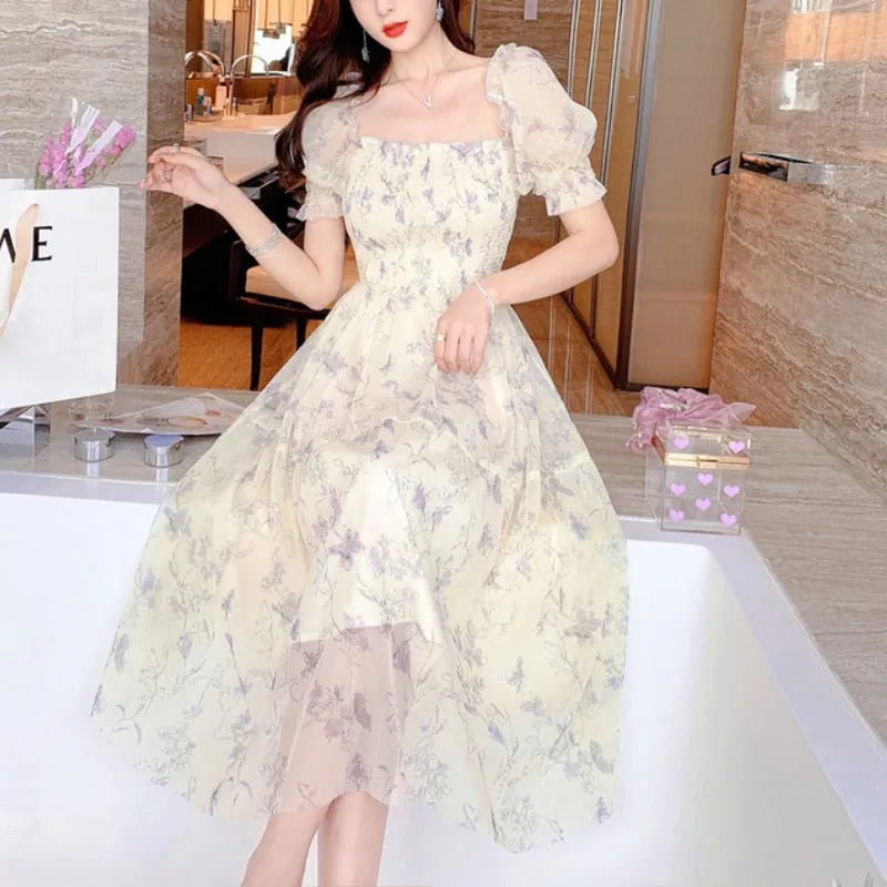 Summer Chiffon Elegant Kawali Dress Women Floral Print Sweet Princess Casual Midi Dress Puff Sleeve Party Holiday Dress