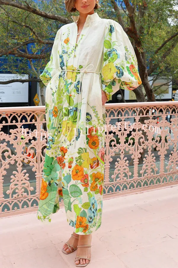 Summer Party Floral Print Balloon Sleeve Pocketed Belt Shirt Midi Dress