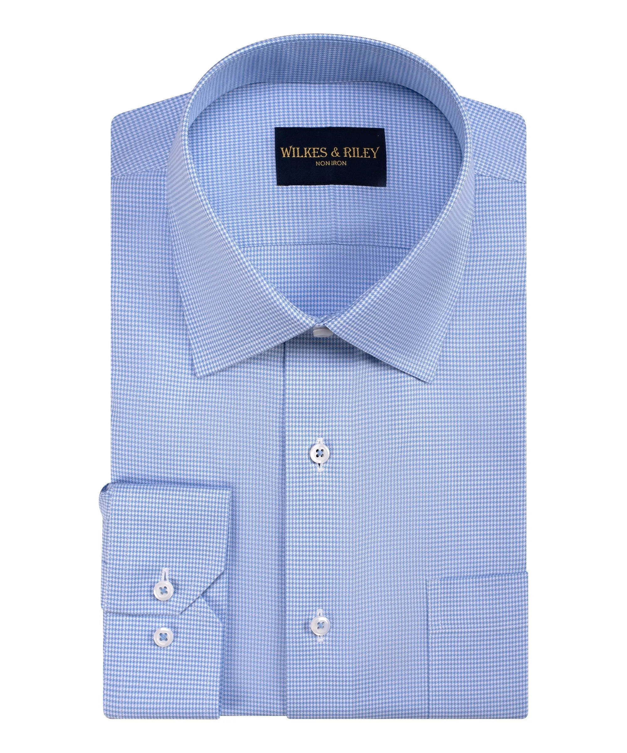 Tailored Fit Blue Houndstooth Spread Collar Non-Iron Twill Dress Shirt