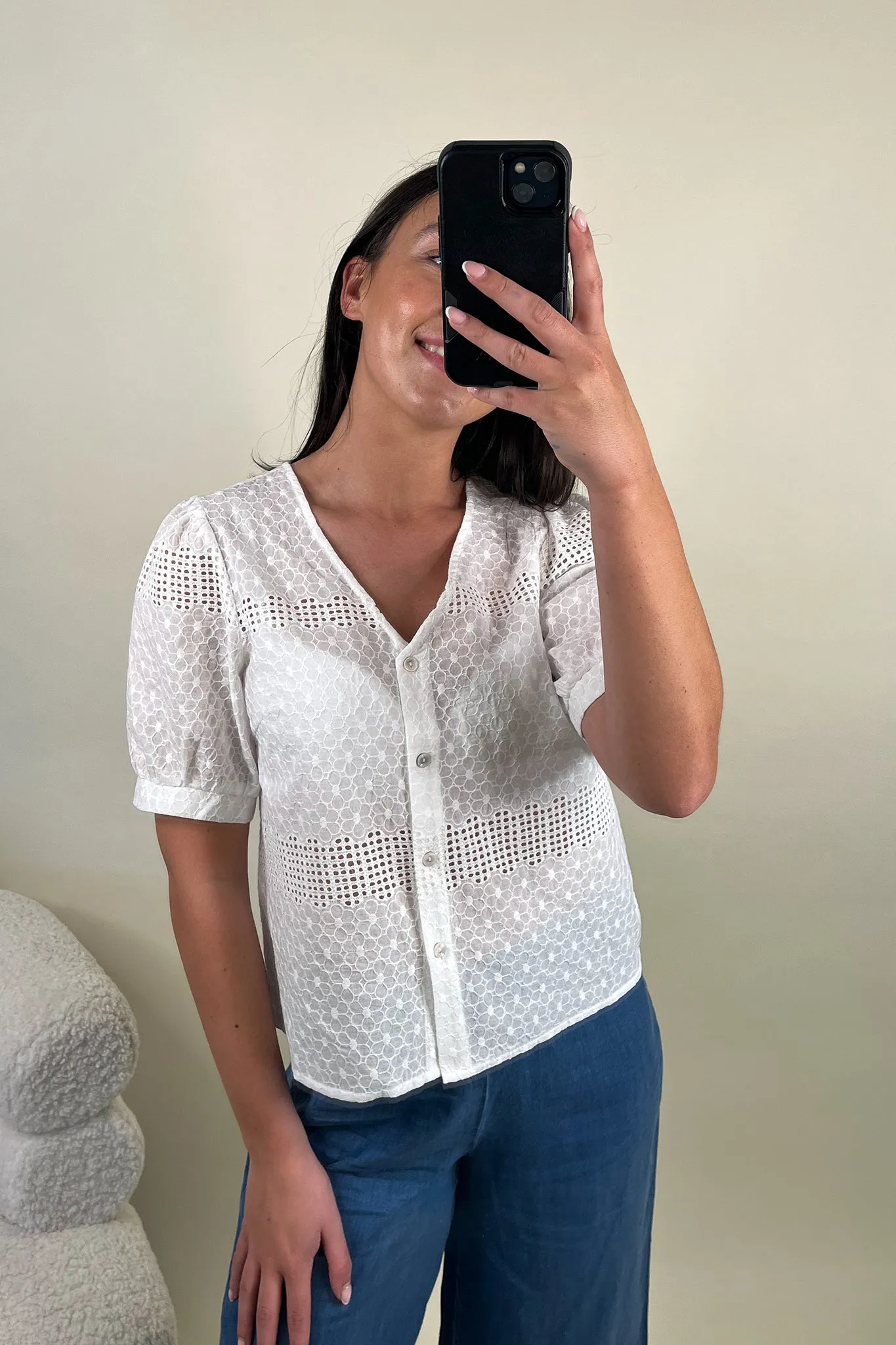 Taya White Anglaise Puff Sleeve Top