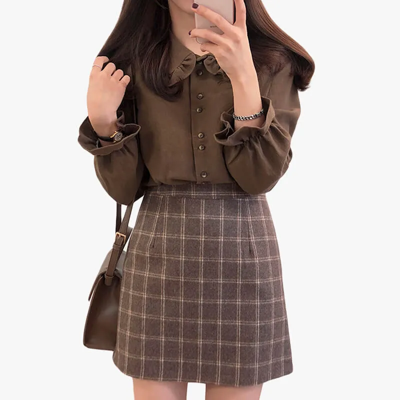 themeisles Dark Academia Shirt Fungus Collar Drawstring Puff Sleeve