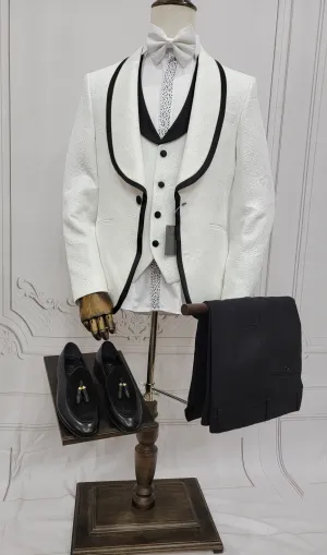 Three Pieces Tuxedo Suit with Contrasting Black tapered Lapel, matching bow tie and Black Pants.