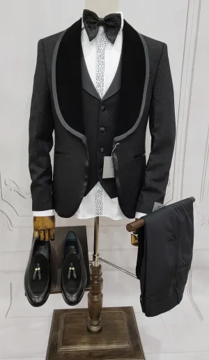 Three Pieces Tuxedo Suit with Contrasting Black velvet Lapel, matching bow tie and Black Pants.