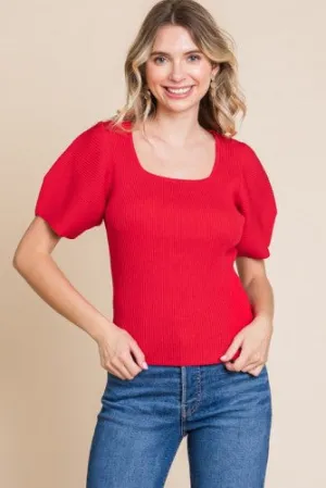 Tomato Red Ribbed Puff Sleeve Top