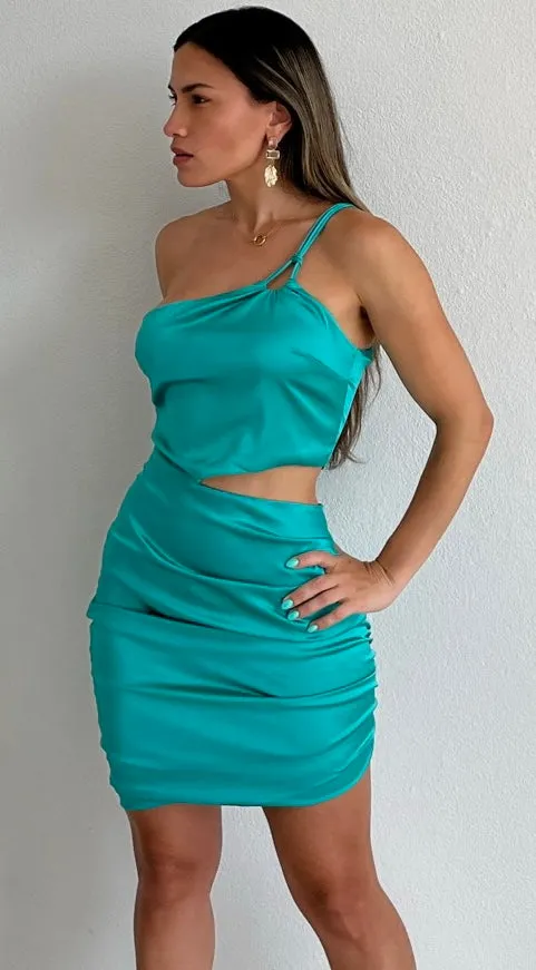 Treat Me Good Turquoise One-Shoulder Satin Dress