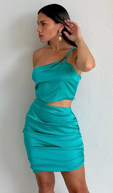 Treat Me Good Turquoise One-Shoulder Satin Dress