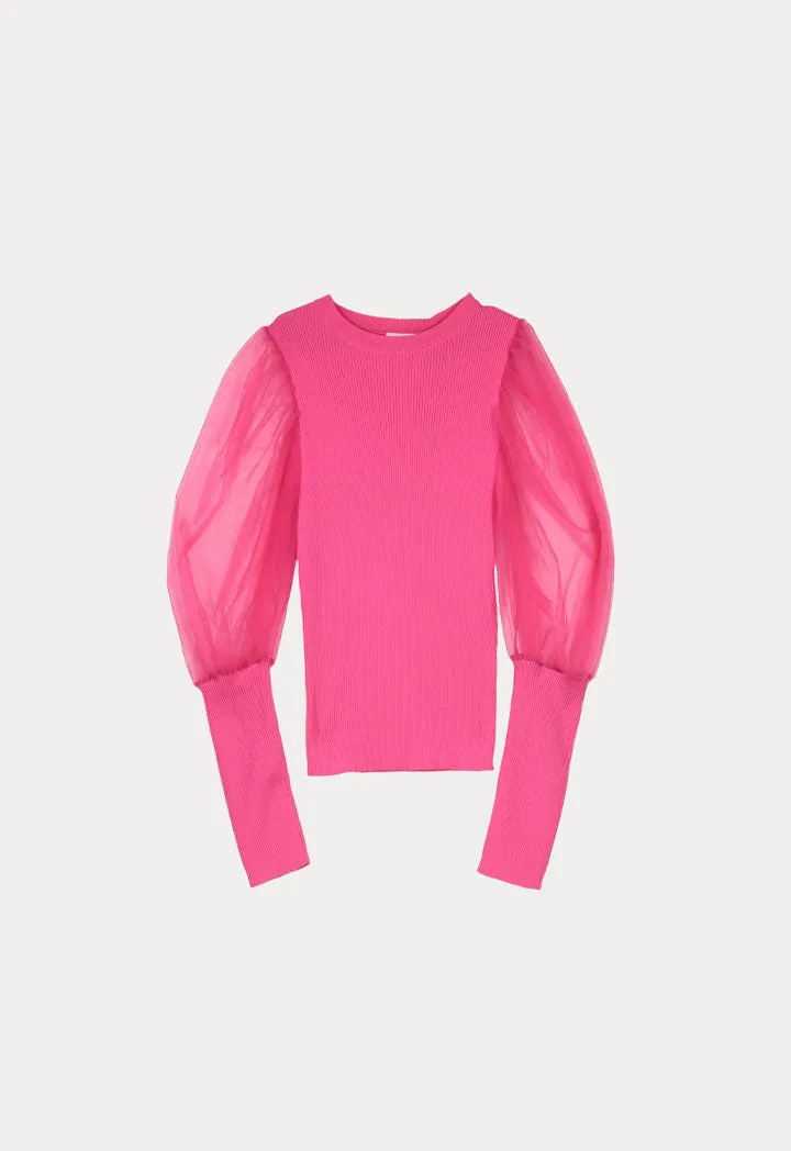 Tulle Puff Sleeve Ribbed Knit Blouse
