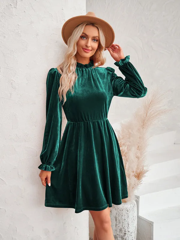 Turtleneck Velvet Dress with Long Sleeves and Fitted Waist