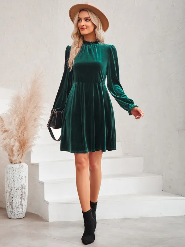 Turtleneck Velvet Dress with Long Sleeves and Fitted Waist