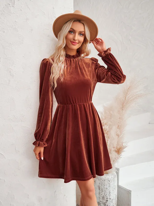 Turtleneck Velvet Dress with Long Sleeves and Fitted Waist