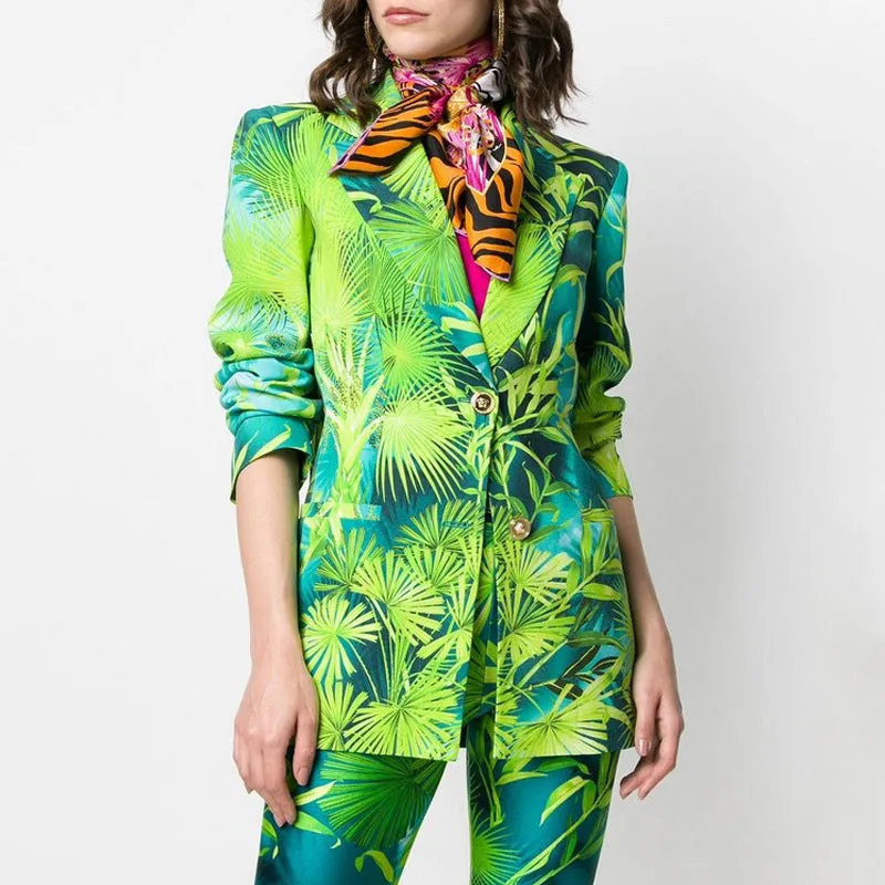 TWO TWIN STYLE Notched Long Sleeve Pattern Elegant Blazers Female 2021