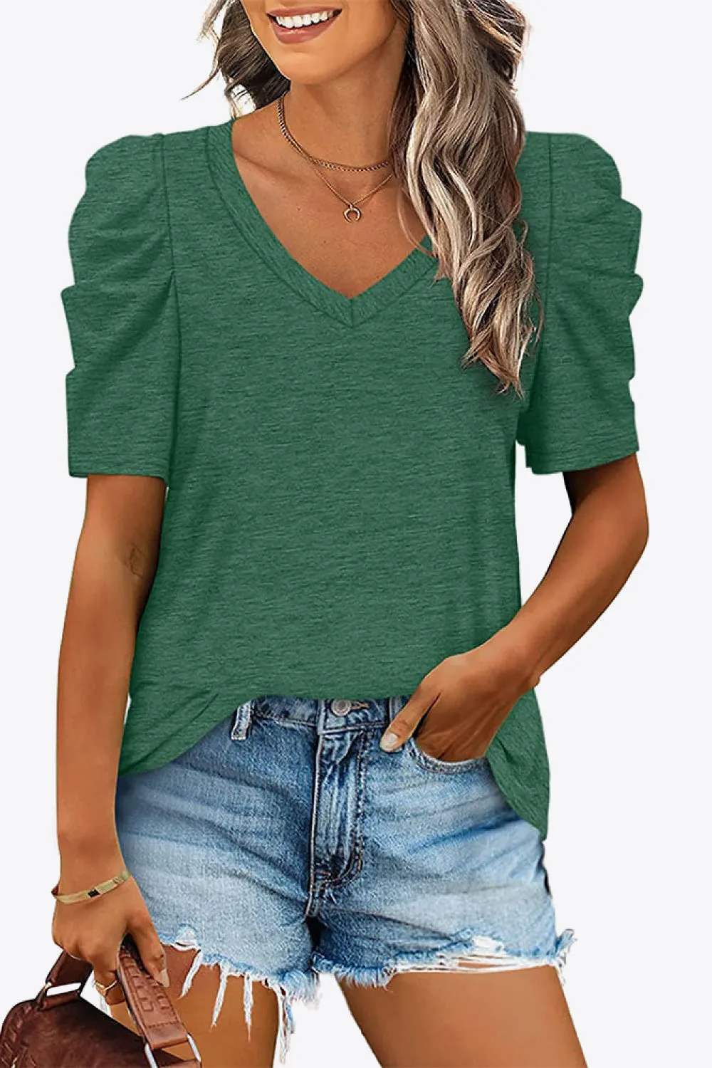 V-Neck Puff Sleeve Tee ( 6 Colors)