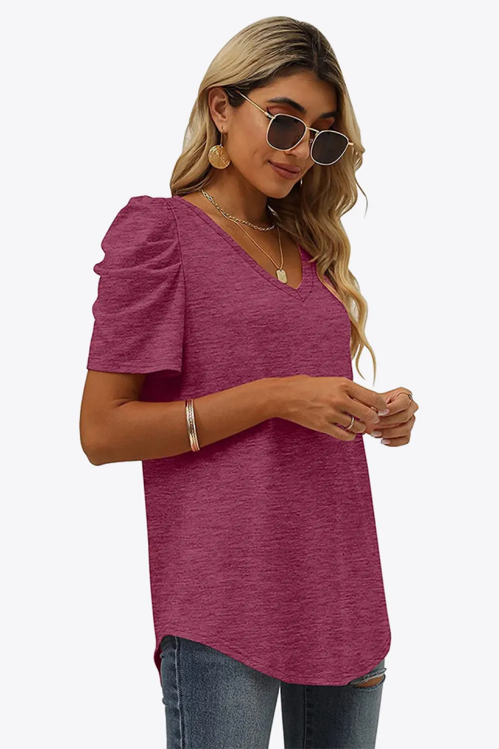 V-Neck Puff Sleeve Tee ( 6 Colors)