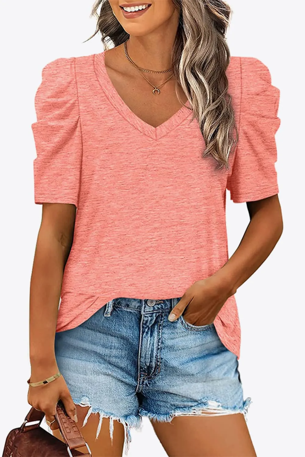 V-Neck Puff Sleeve Tee ( 6 Colors)