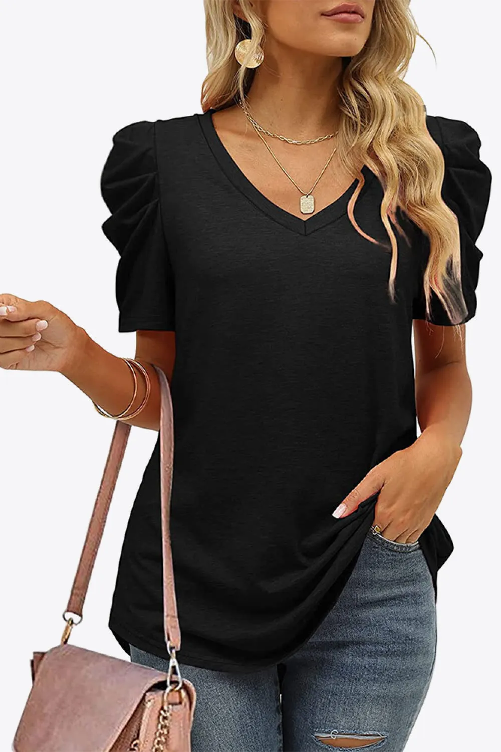 V-Neck Puff Sleeve Tee ( 6 Colors)