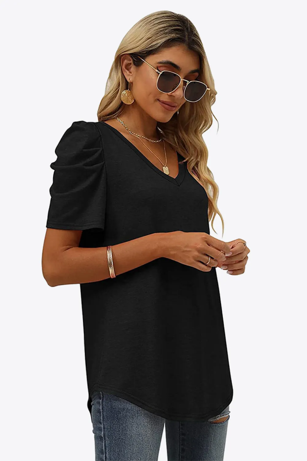 V-Neck Puff Sleeve Tee ( 6 Colors)