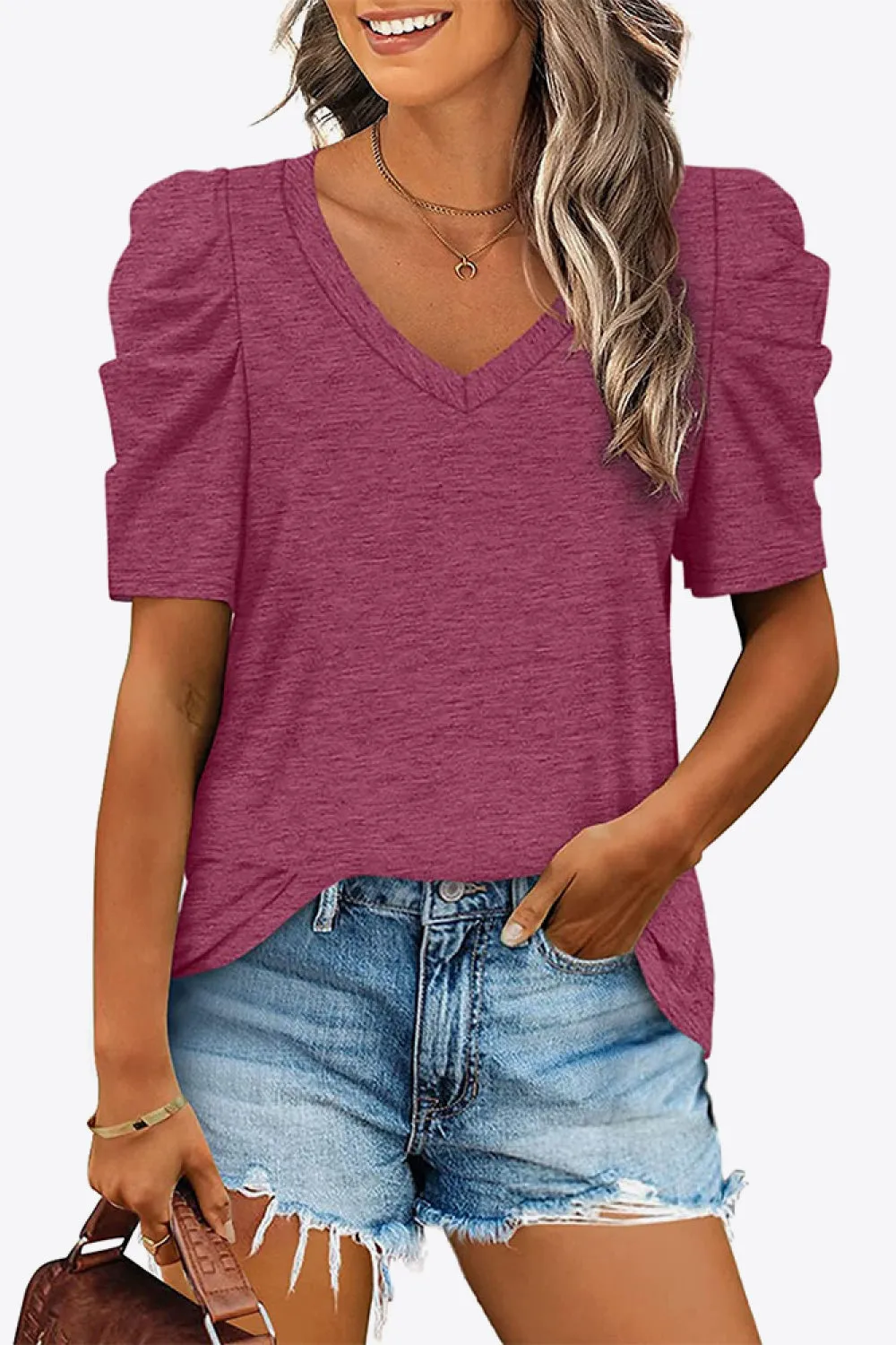 V-Neck Puff Sleeve Tee ( 6 Colors)