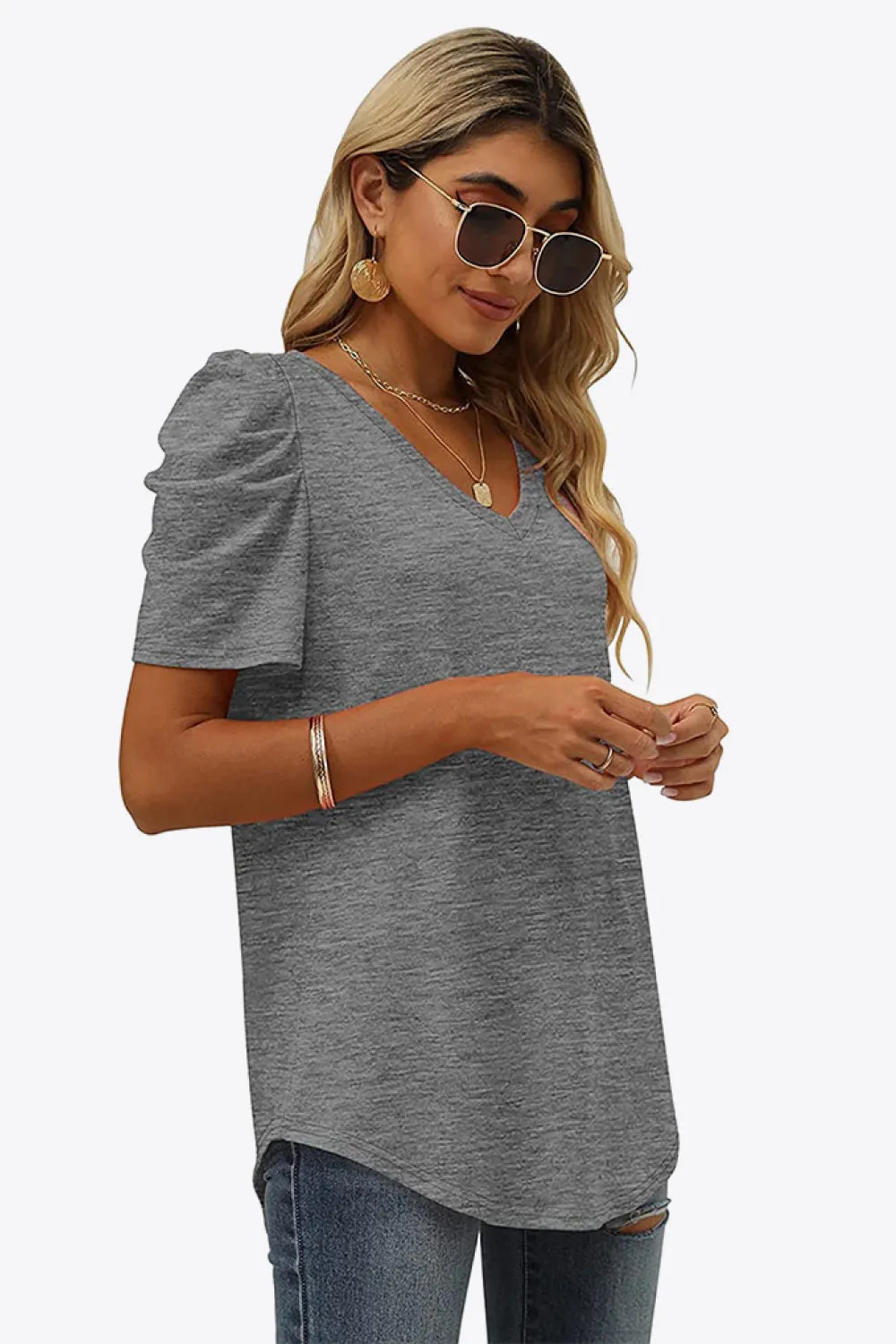 V-Neck Puff Sleeve Tee ( 6 Colors)