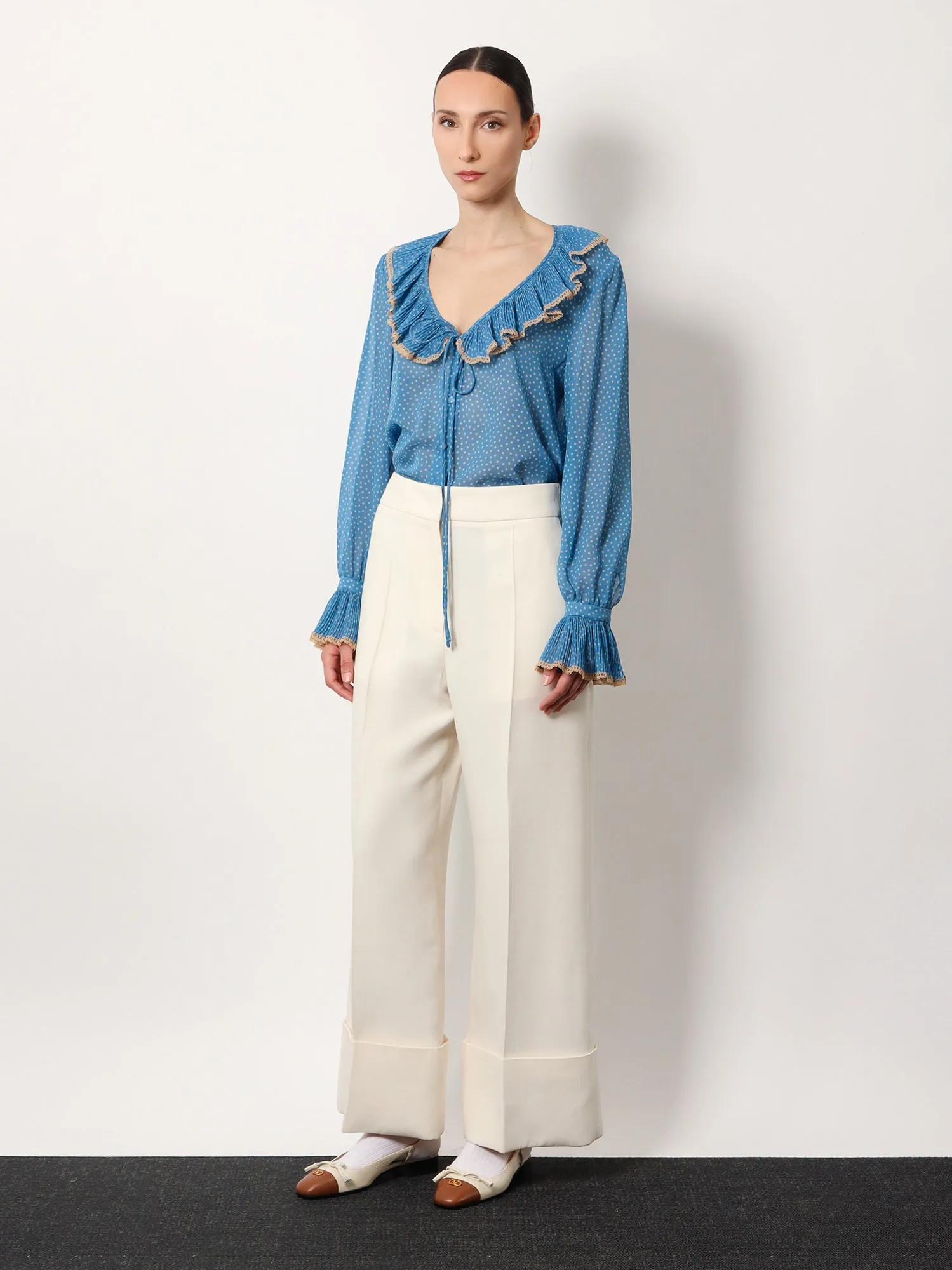 Valentino Polka Dots Silk Shirt With Lace Profile