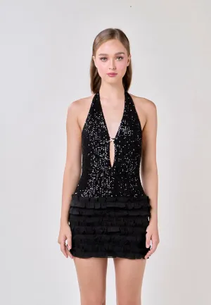 Veda Black V-Neck Halter Sequins Mini Dress