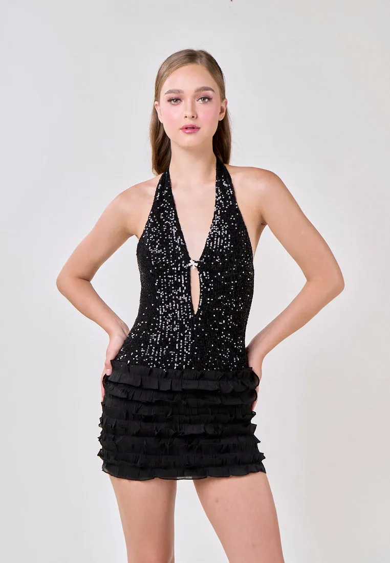 Veda Black V-Neck Halter Sequins Mini Dress