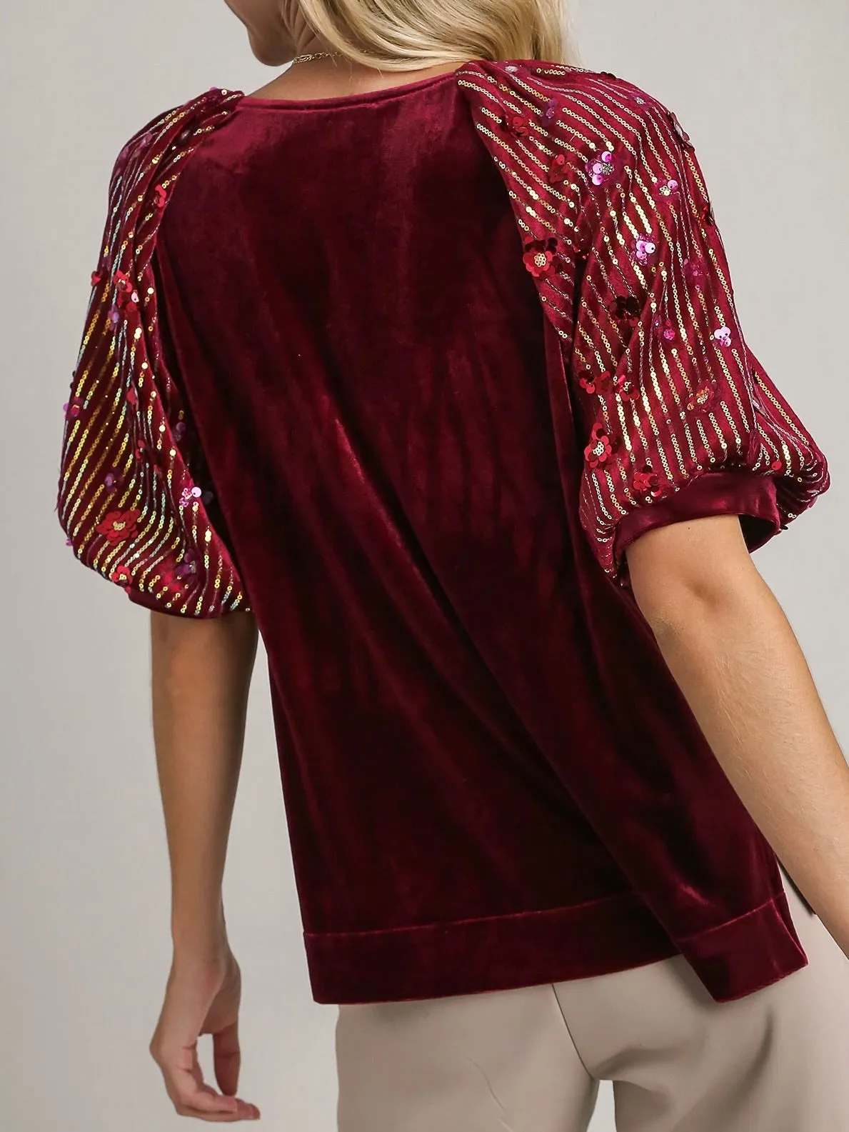 Velvet Top with Sequin Sleeve - Cranberry FINAL SALE