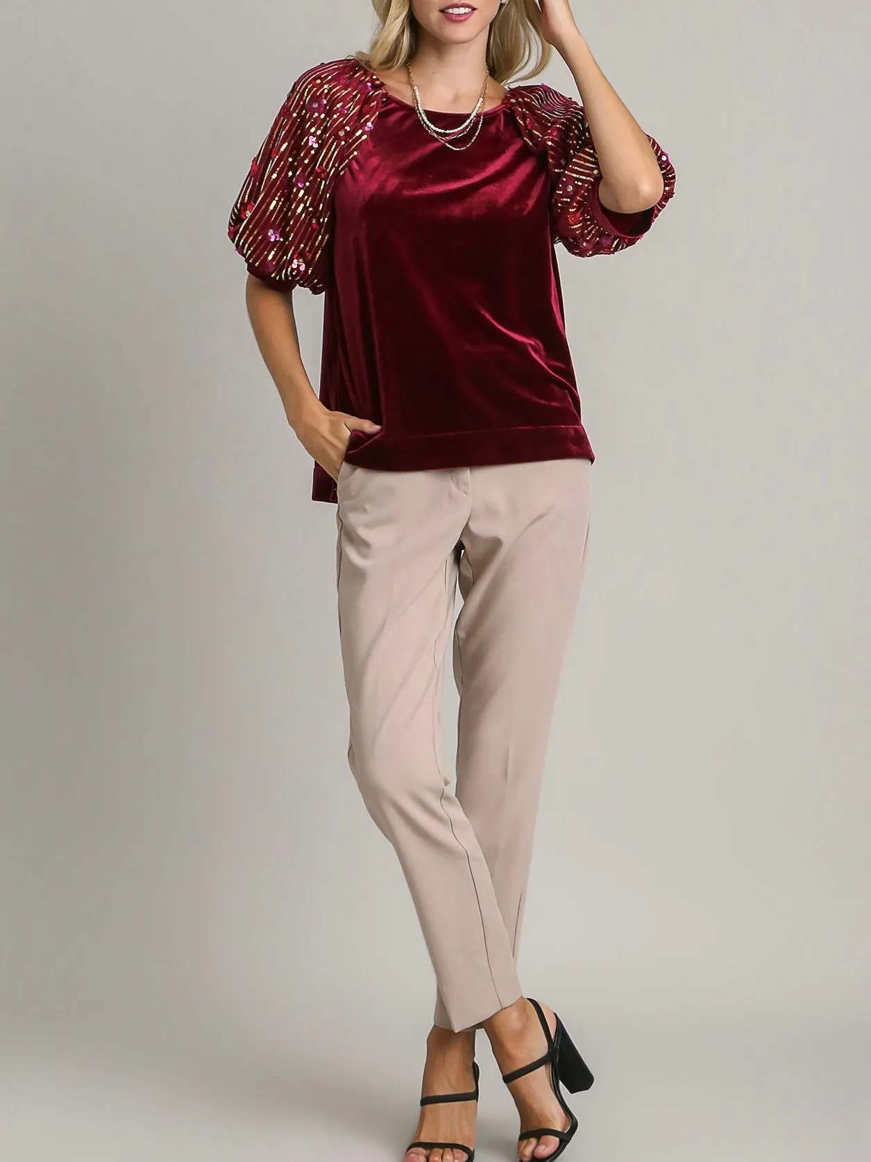 Velvet Top with Sequin Sleeve - Cranberry FINAL SALE