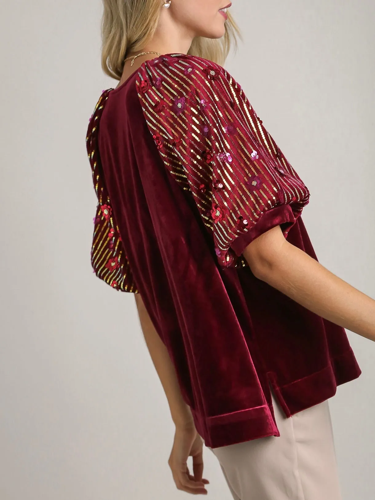 Velvet Top with Sequin Sleeve - Cranberry FINAL SALE