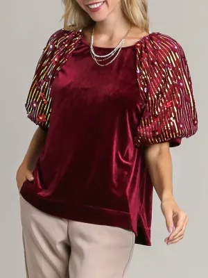 Velvet Top with Sequin Sleeve - Cranberry FINAL SALE