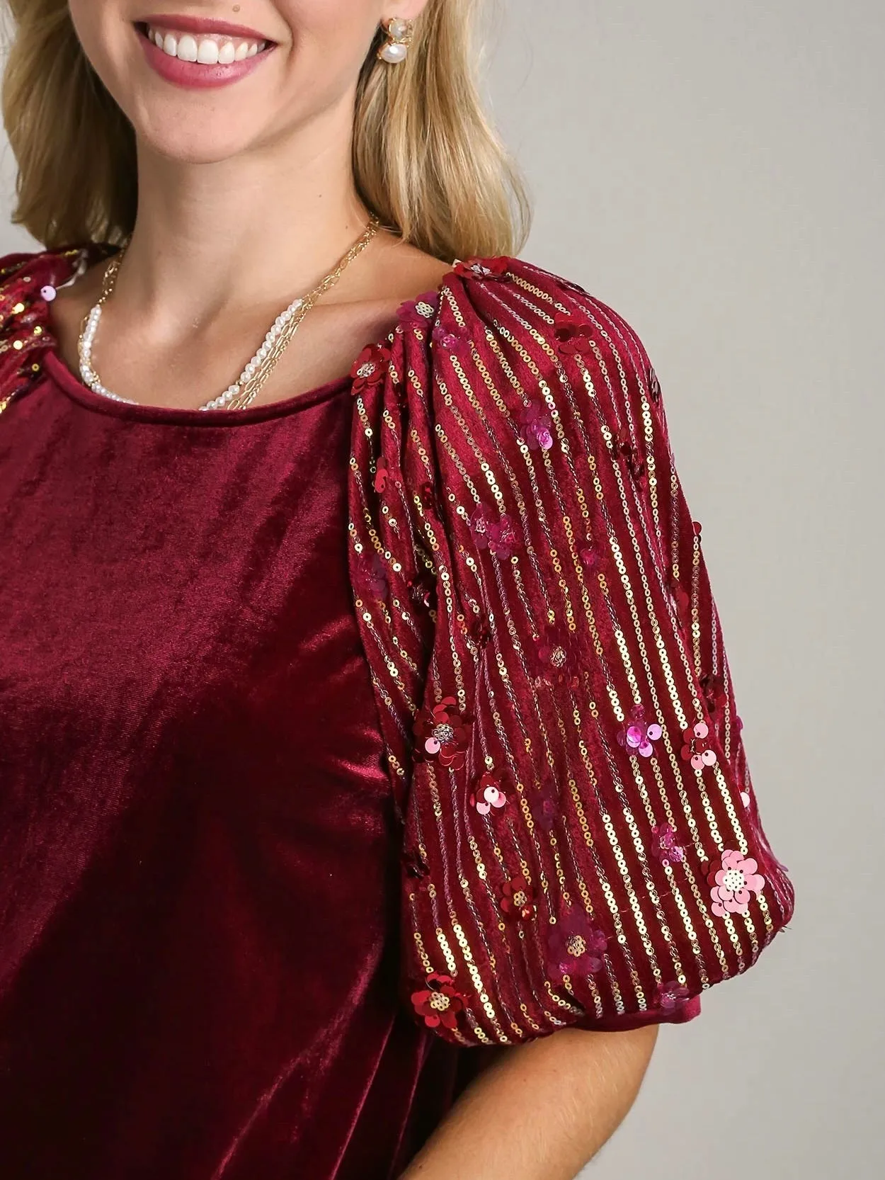 Velvet Top with Sequin Sleeve - Cranberry FINAL SALE