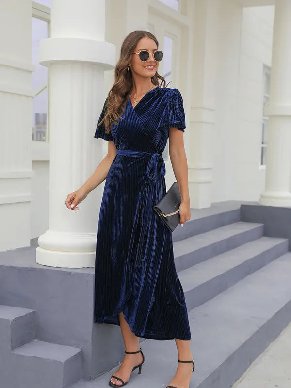 Velvet Wrap Dress with Pleated Stripes and Belted Waist