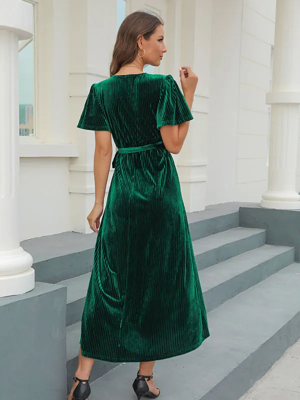 Velvet Wrap Dress with Pleated Stripes and Belted Waist