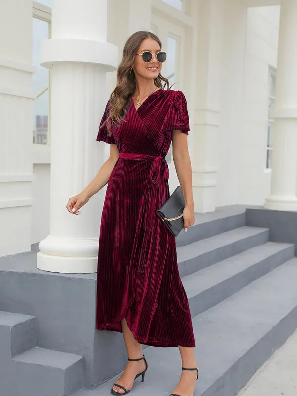 Velvet Wrap Dress with Pleated Stripes and Belted Waist