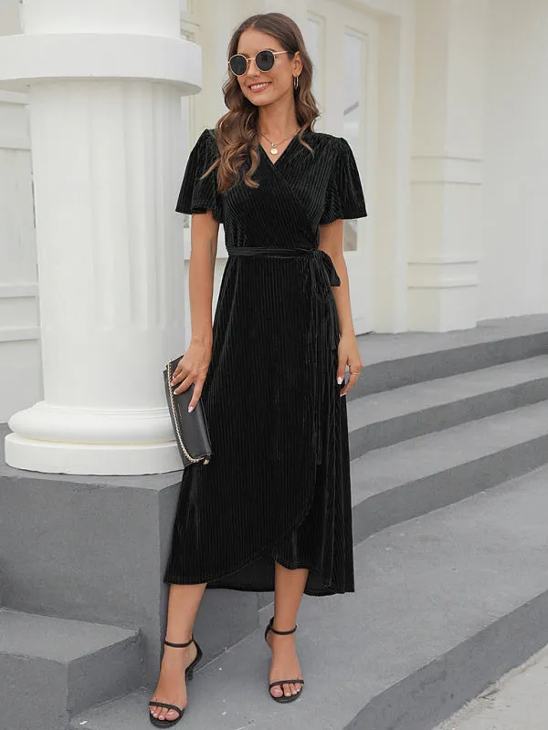 Velvet Wrap Dress with Pleated Stripes and Belted Waist