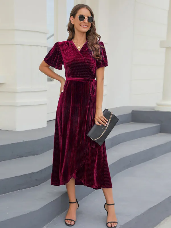 Velvet Wrap Dress with Pleated Stripes and Belted Waist