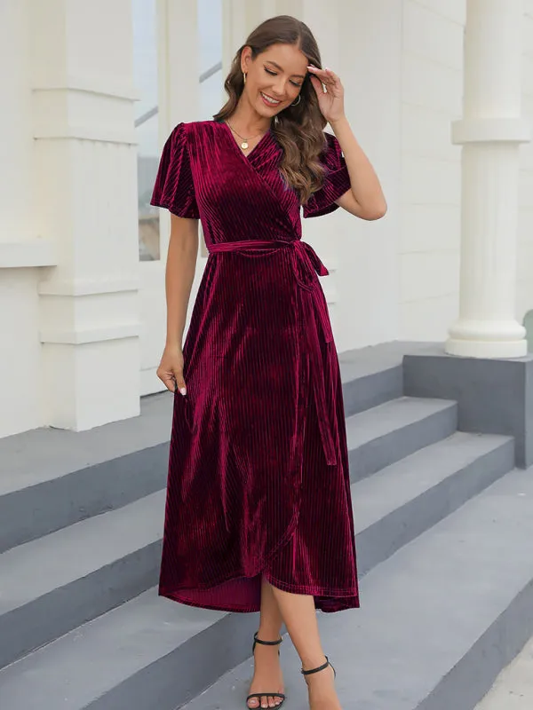 Velvet Wrap Dress with Pleated Stripes and Belted Waist