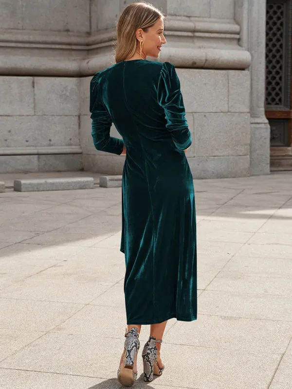 Velvet Wrap Evening Gown with Long Sleeves and Puffed Shoulders
