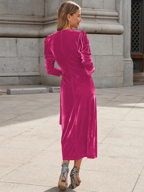 Velvet Wrap Evening Gown with Long Sleeves and Puffed Shoulders