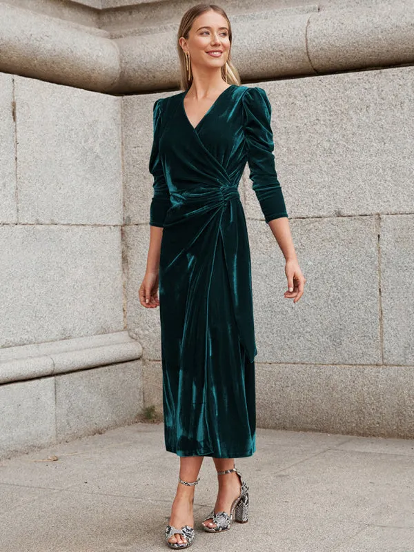 Velvet Wrap Evening Gown with Long Sleeves and Puffed Shoulders