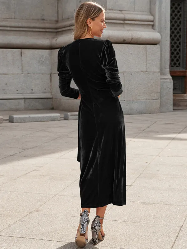 Velvet Wrap Evening Gown with Long Sleeves and Puffed Shoulders
