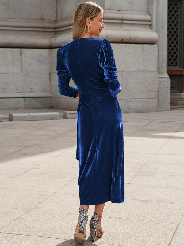 Velvet Wrap Evening Gown with Long Sleeves and Puffed Shoulders