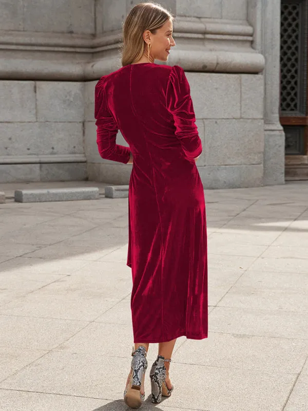 Velvet Wrap Evening Gown with Long Sleeves and Puffed Shoulders