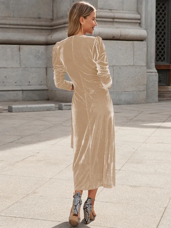 Velvet Wrap Evening Gown with Long Sleeves and Puffed Shoulders